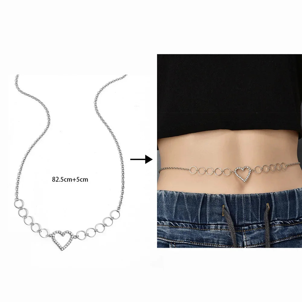 Fashion Aesthetic Sexy Rhinestone Crystal Body Jewelry Ring Heart Waist Belly Chain for Summer Women Girl Nightclub