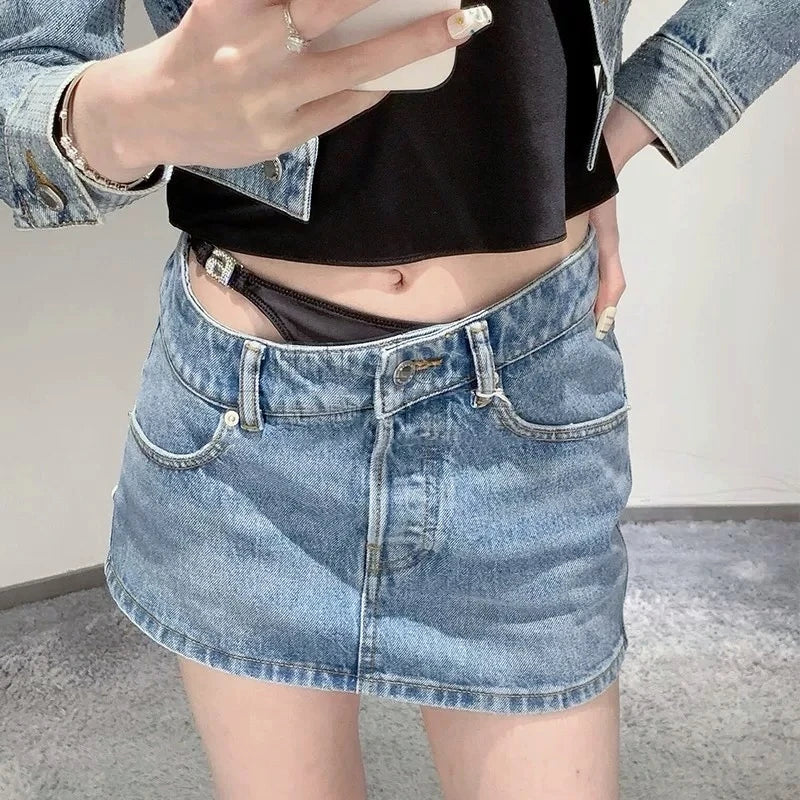 a Letter Luxury Brand Design Fake Two Pieces Denim Short  Mini Skirt For Women Sexy Fashion Y2k Wang Minifalda Dress Clothes