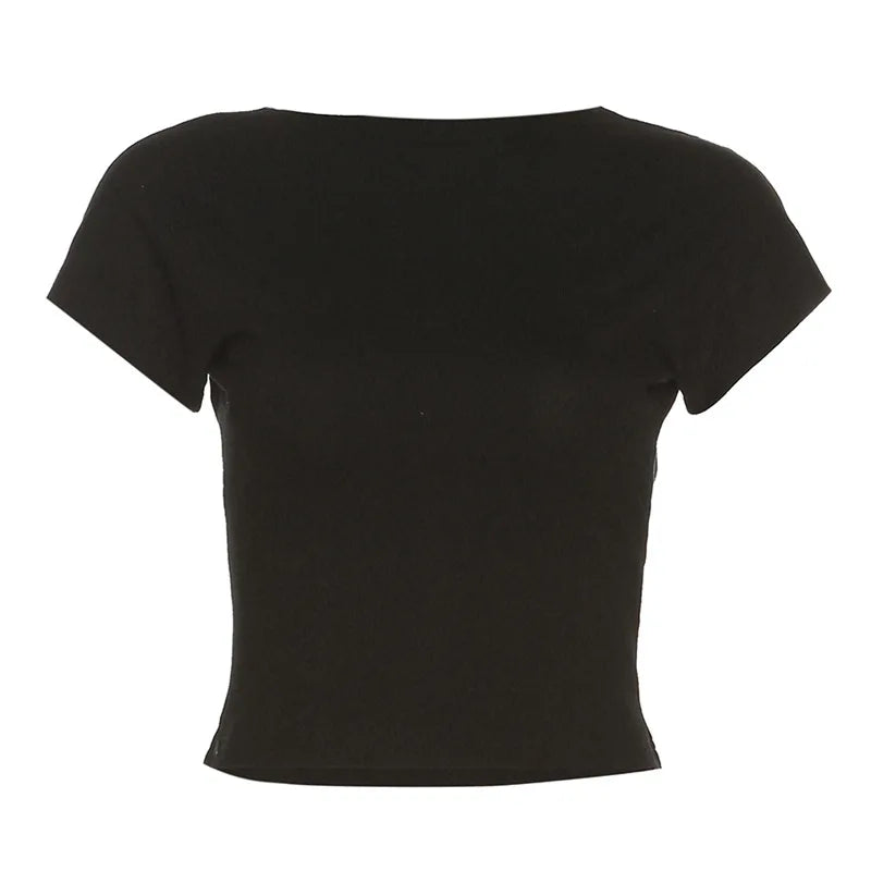 New Women's Solid Color Slim Fit Fashionable Round Neck Sexy Backless T-shirt for Women