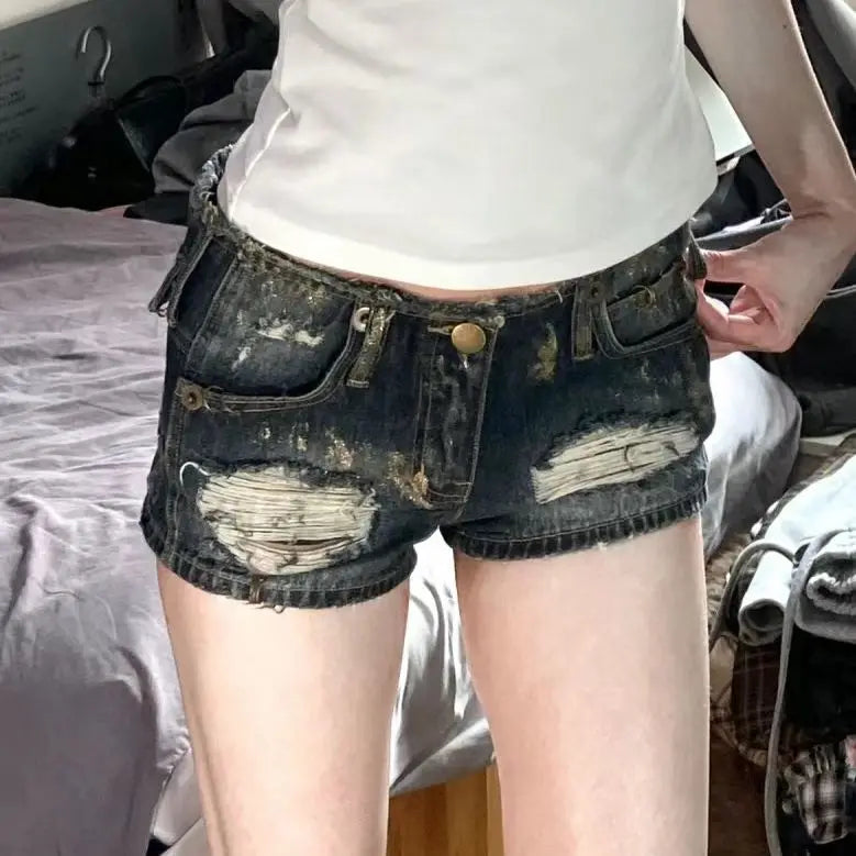 Summer Women Dark Academia 2000s Kpop Japanese Gyaru Hole Jean Shorts Ripped Denim Hot Pants Y2k Streetwear Harajuku E-girl Sexy