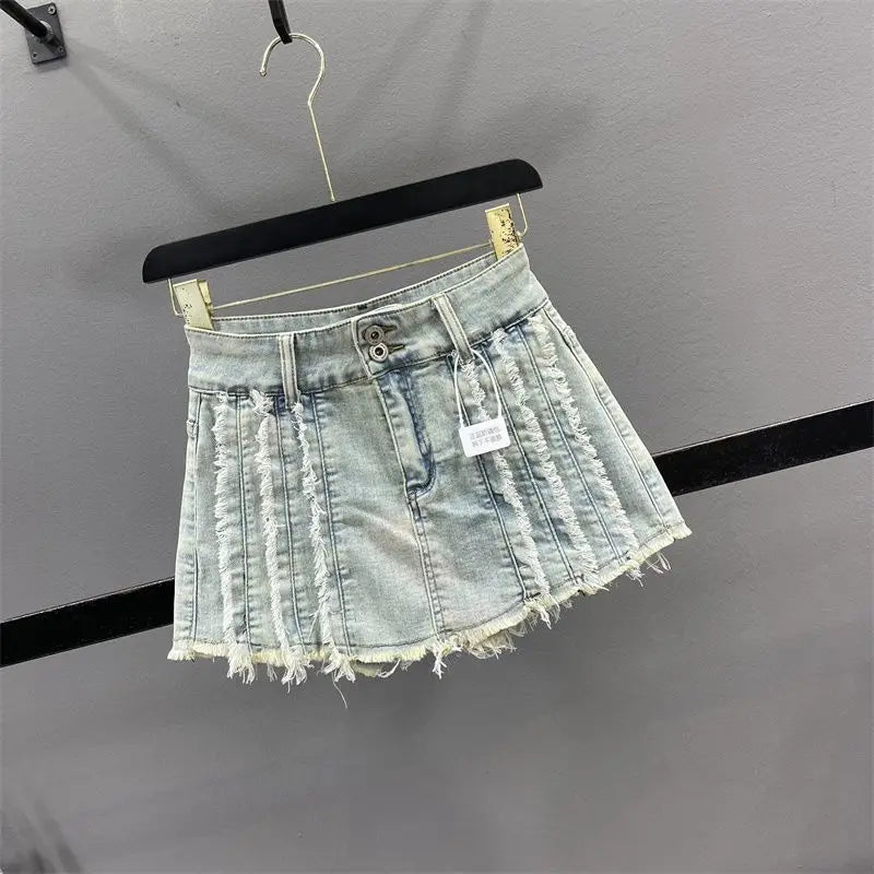 retro fringe patchwork striped A-line denim skirt for women with rough edges, spicy girl A-line ultra short anti glare skirt