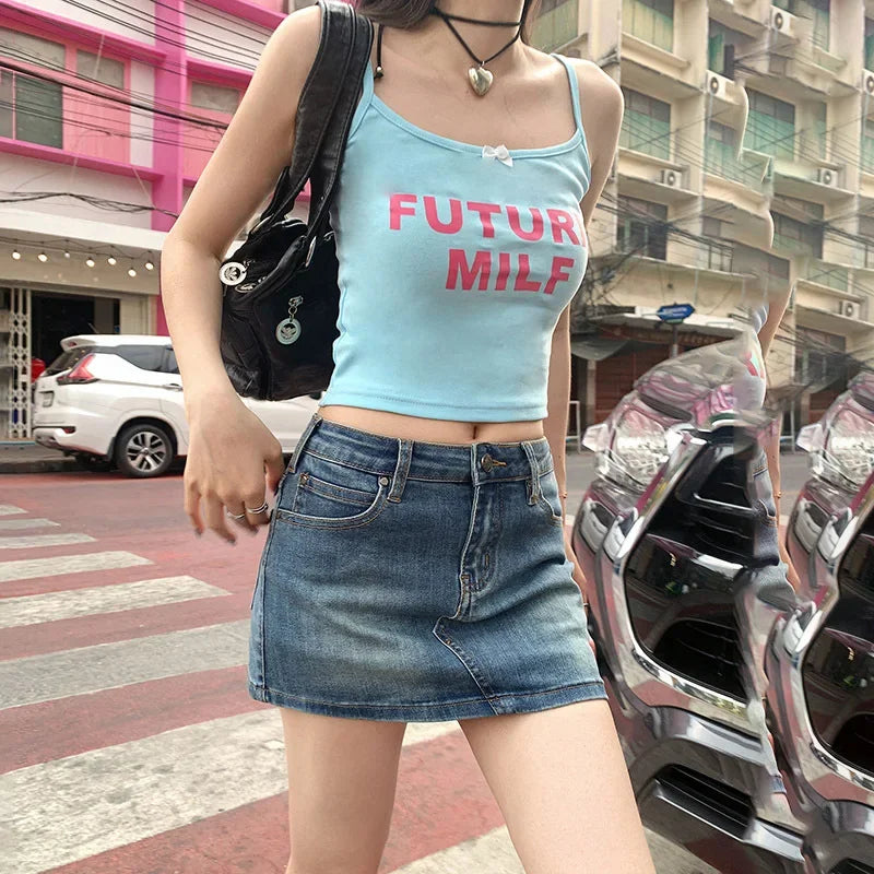 Vintage Sexy Denim Mini Skirt A- Line Waist High Waist Elastic Waist Female Summer 2024 New Arrival Packed Hip Half Skirt