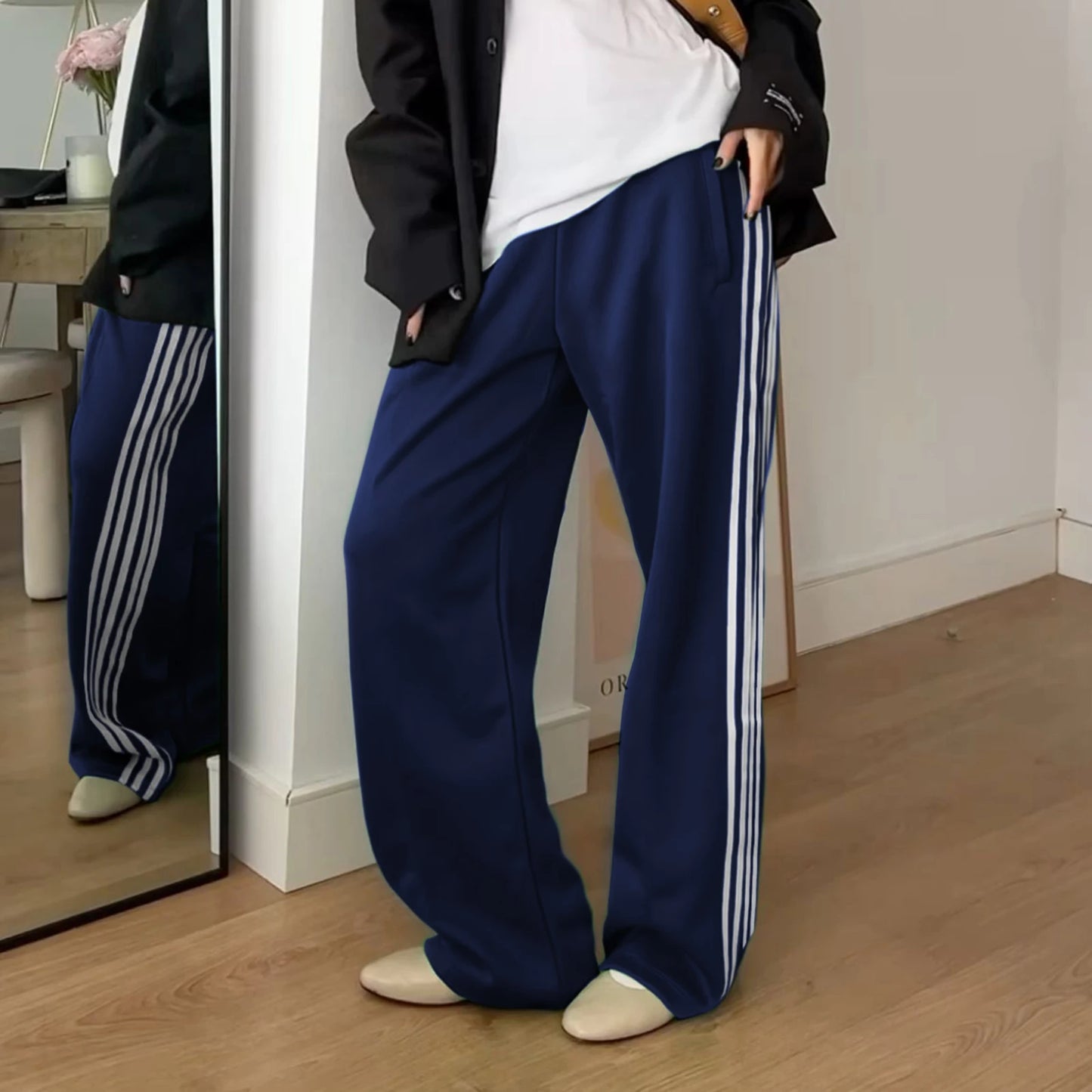 Women Y2k Wide Leg Track Pants Baggy Striped Joggers Sweatpants Elastic Waist Color Block Parachute Pants with Pockets