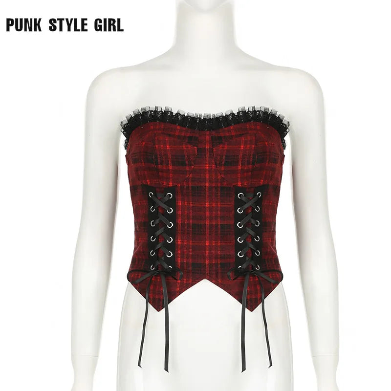 Hip Hop Y2k Hotsweet Red Plaid Vest Women Aesthetic Emo Alternative Grunge Lace Patchwork Bandage Crop Tank Top Goth Rave Outfit