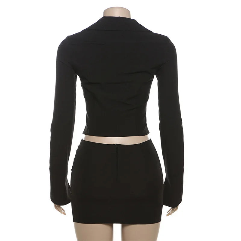 Gtpdpllt Black Two Piece Set for Women Mini Skirt And Zipper Long Sleeve Top Kylie Jenner Outfits Solid Matching Sets