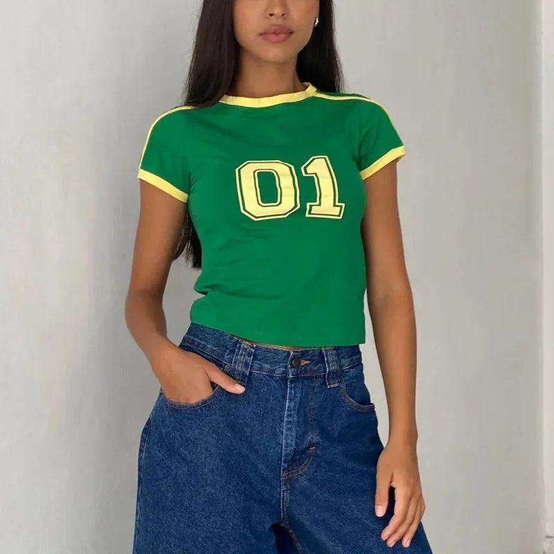 Lamuusaa y2k Baby Tee Crop Top Feminino Verão Contraste Cor Número Estampa Manga Curta Camiseta 2000s Roupas Estéticas Streetwear