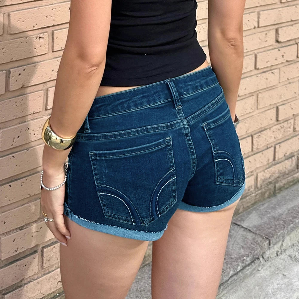 Low waisted American style two-color slimming, hip hugging, spicy girl, rolled edge jeans, stretch, plus size, ripped hole