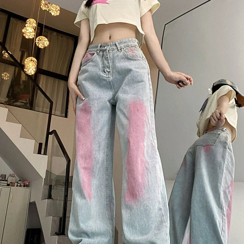 Pants for Women High Waist Shot Blue Womens Jeans Straight Leg Trousers with Pockets Retro Fashion Casual Cool Stretched Cheap A