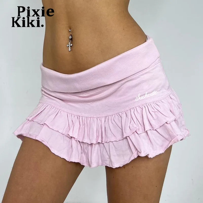 PixieKiki Cute Pink Low Rise Booty Shorts Y2k Clothing 2000s Women Fashion Letters Embroidery Ruffled Shorts Skirts P84-CG20