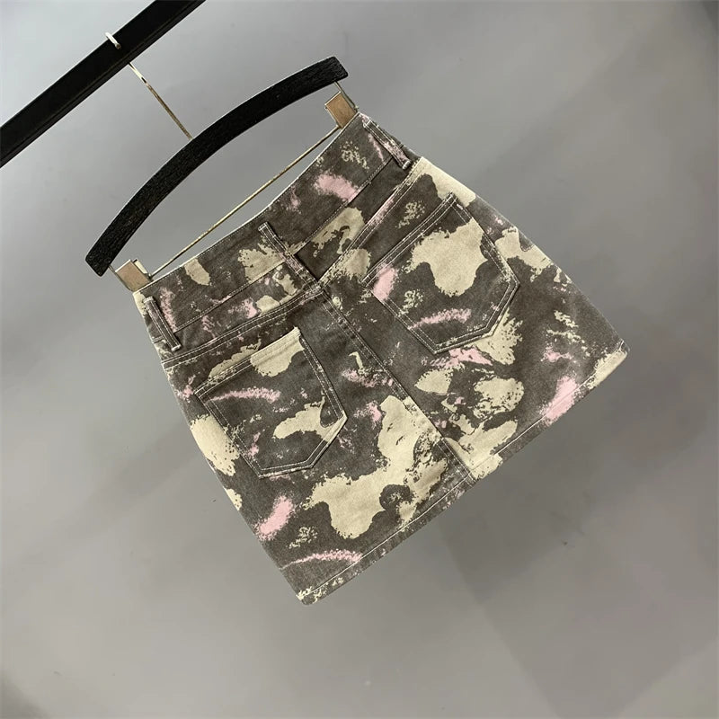 Women's skirt New camouflage printed mini skirt for summer 2024 Pure cotton denim women's Mini skirt