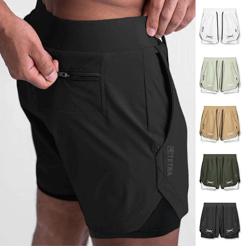 Masculino Academia 2 em 1 Secagem rápida Shorts casuais de dois andares Jogging Fitness Basquete Calças curtas Calças masculinas de treino esportivo de verão