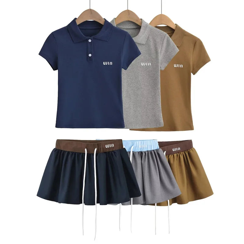 Women's Short Sleeve Polo T-shirt, Contrast Waist Mini Skirt with Underpants Co-ord