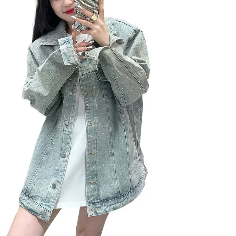 2024 Spring New Denim Jacket Women's Loose-Fit Versatile Casual Age-Reducing Diamond-Embellished Jacket Top