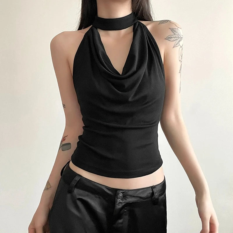 2024 Spring/Summer Collection Stacked Collar Heart Machine Backless Hanging Neck Tank Top Street Style Versatile Sleeveless Top