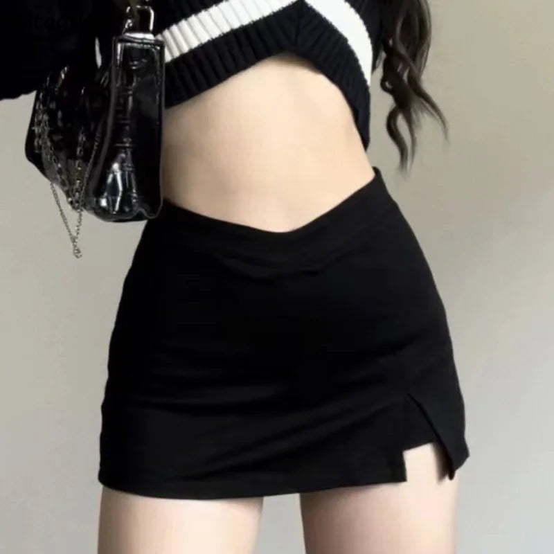 Women's Black Mini Skirts High Waist Sexy Hot Female Slit A-line Skirt All-match Summer Y2k Street Wear Ulzzang Simple Faldas