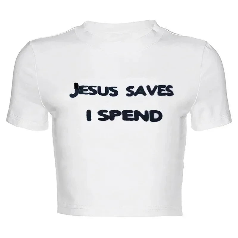 Jesus Saves I Spend 2000s Grunge Baby Tee Harajuku Y2k Goth Clothes College Fashion Woman T Shirt  Baby Tee Popular Crop Top