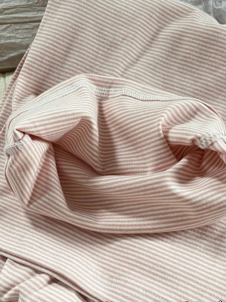 Pink Striped Cotton Vest Shorts 2 Pieces Set Women Bow Slim Tank Tops With Elastic High Waist Straight Short Pants Sweet Sets