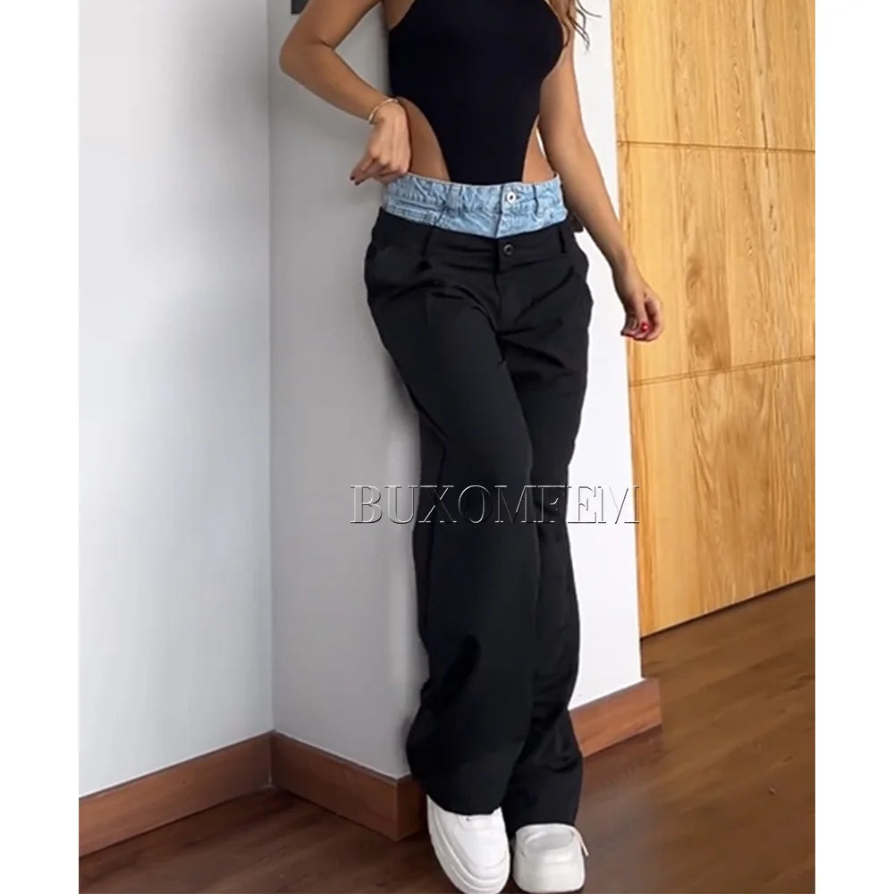 Retro High Waisted Color Matching Loose Jeans for Women, Hip-Hop, Trendy, Full-Length Straight Pants, Y2k Style, New Bottoms