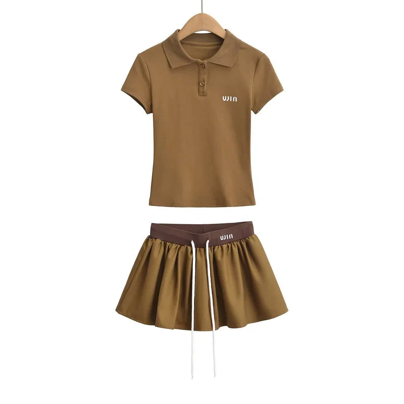 Women's Short Sleeve Polo T-shirt, Contrast Waist Mini Skirt with Underpants Co-ord