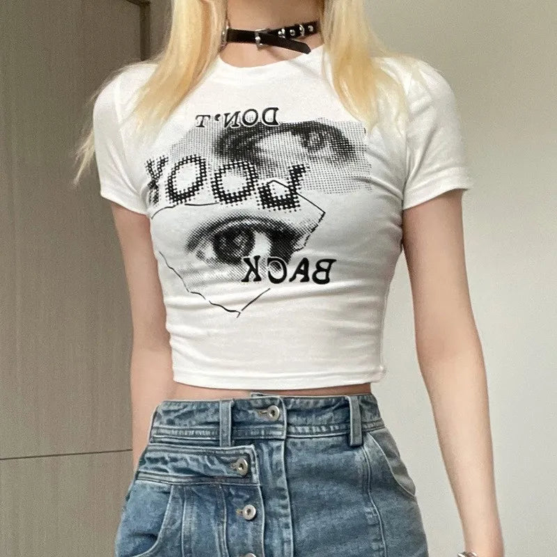 Verão Estética Personalidade Olhos Abstratos Impresso Retro Camiseta Mulheres Y2k Grunge Sexy O-pescoço Umbigo Manga Curta Camisetas Crop Tops