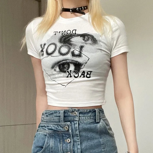 Summer Aesthetic Personality Abstract Eyes Printed Retro T Shirt Women Y2k Grunge Sexy O-neck Navel Short Sleeve Tees Crop Tops