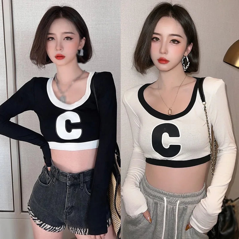 Fashionable Casual Round Neck Color Blocked Letter Print Slim Fit Fashionable Crop Exposed Long Sleeved T-Shirts