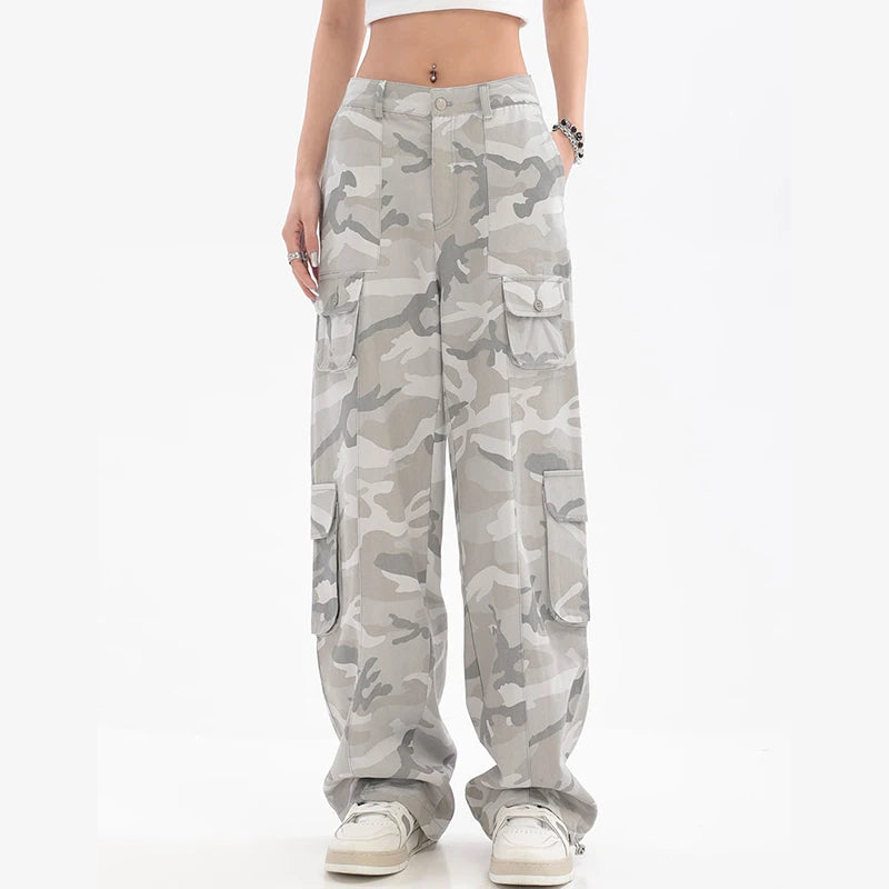 Calça cargo feminina hip hop cinza camuflada estilo americano Y2K calças largas largas retas soltas vintage calças de moletom casuais