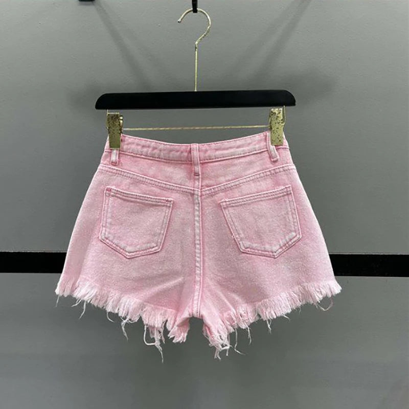 Shorts jeans com borlas perfuradas e bordas cruas para mulheres 2024, tendência de calças quentes de cintura alta e perna larga em linha A para meninas picantes