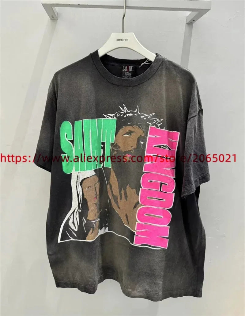 Jesus Graffiti print Saint T Shirt Men Women Retro Gray Washed T-Shirt Tee Tops