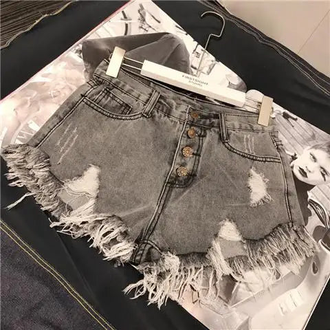 High Waist Tassel Broken Denim Shorts Women Summer Korean Version Raw Edge Wide Leg Loose Plus Size Jean Shorts Female