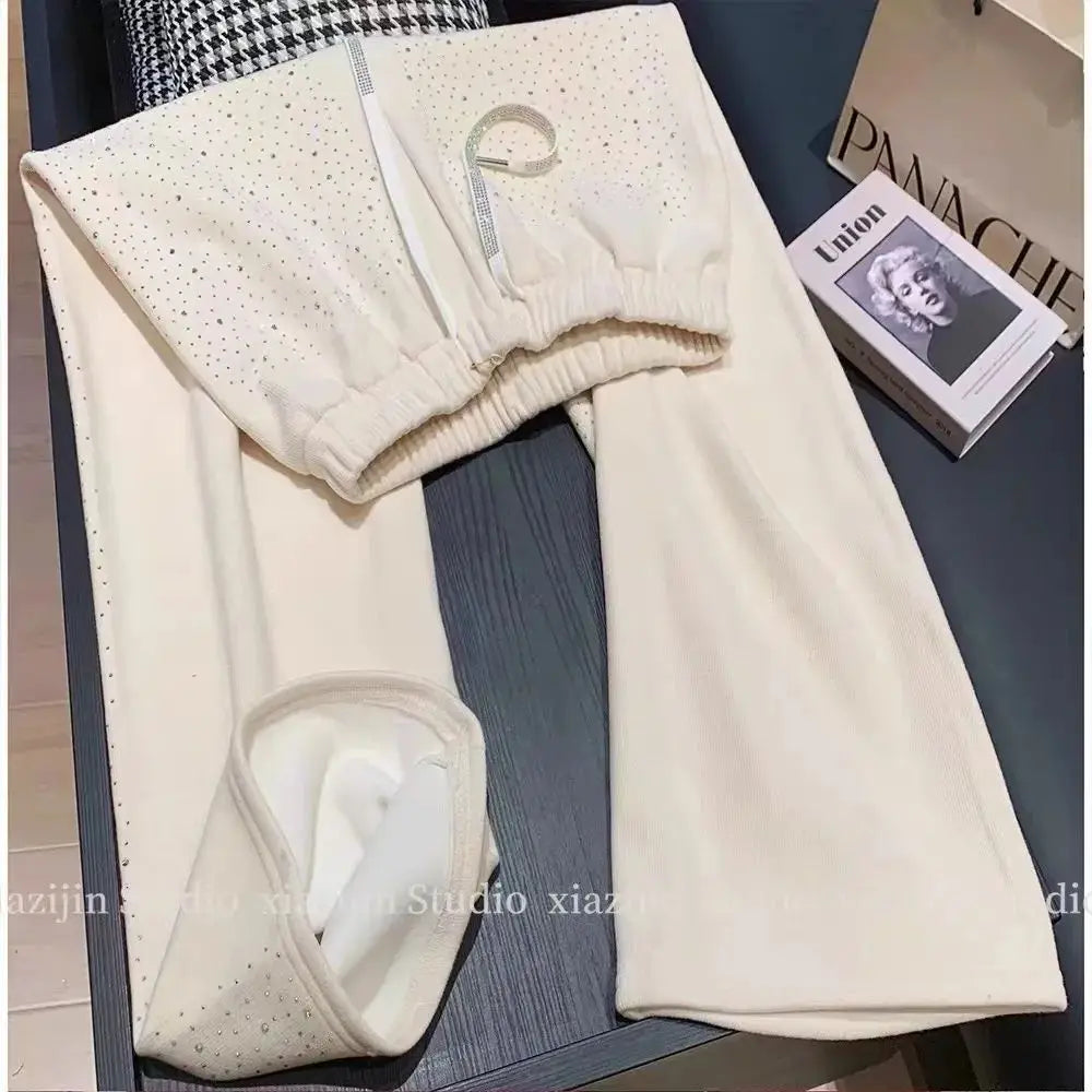 Outono Inverno Mulheres Branco Strass Veludo Calças de Perna Larga Moda Engrossada Reta Solta Calças Casuais Streetwear Mulheres