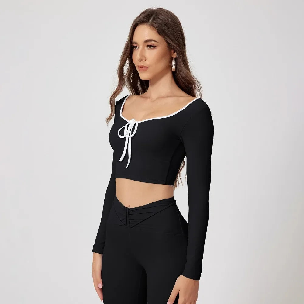 Gola redonda colorida ioga manga longa feminina elástica secagem rápida casual justa tops academia treinamento corrida esportes fitness roupas