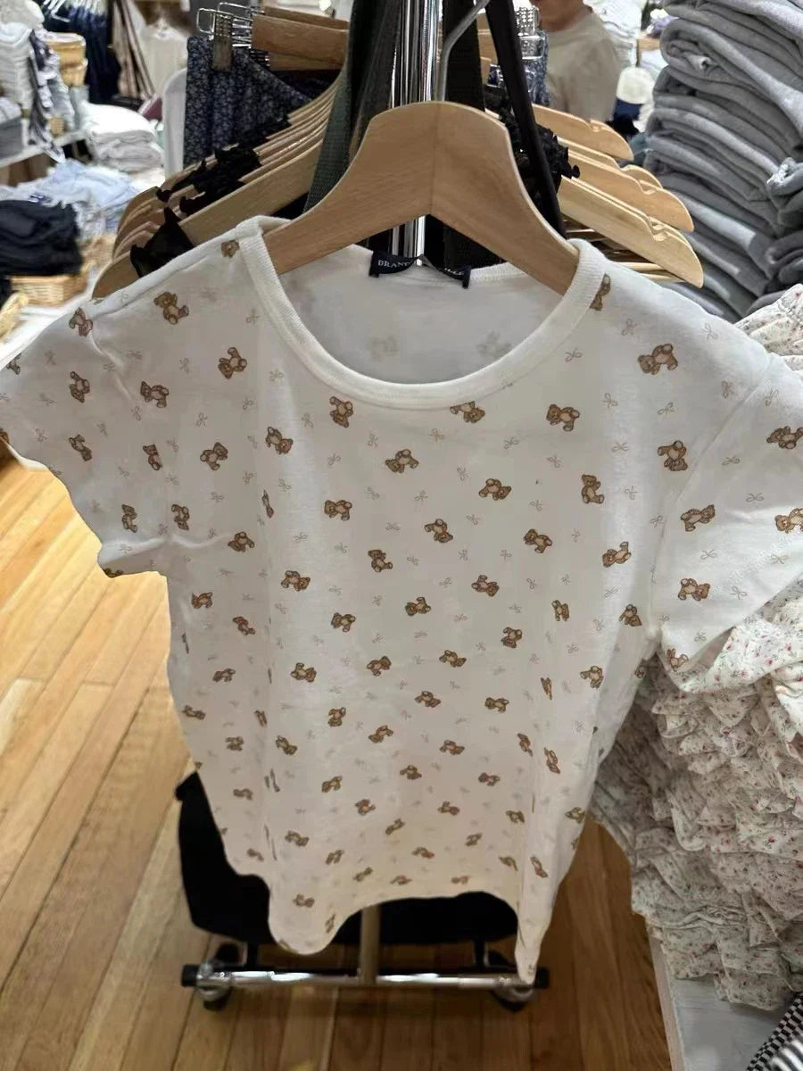 Women Little Bear Bow Print Slim T-shirts Summer Round Neck Cotton Short Sleeve Tees Top Casual Vintage Sweet Cute T Shirt Y2k