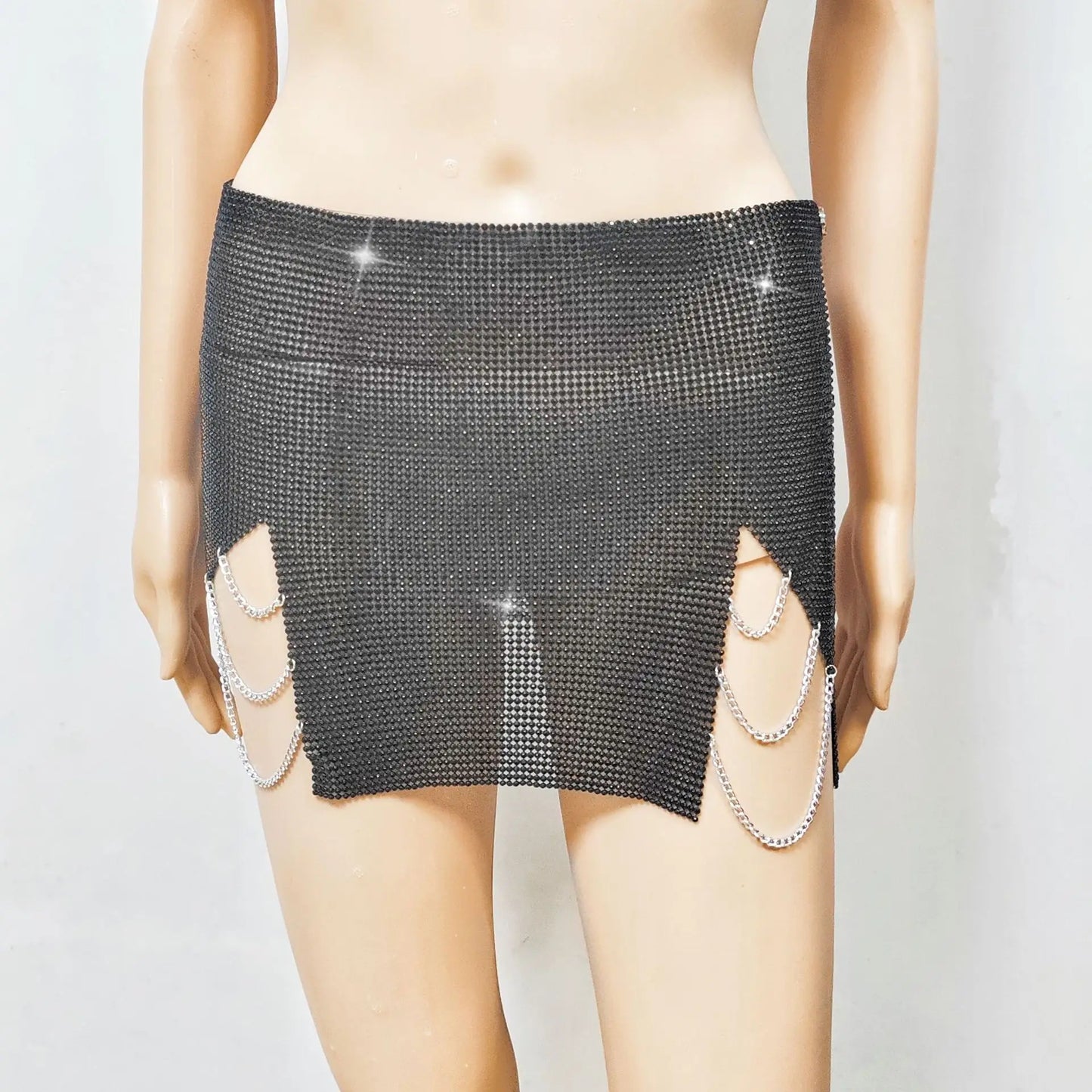 Mini saia de lantejoulas de metal brilhante para mulheres, saia sexy com fenda lateral e borla transparente para festa, trajes para festival rave