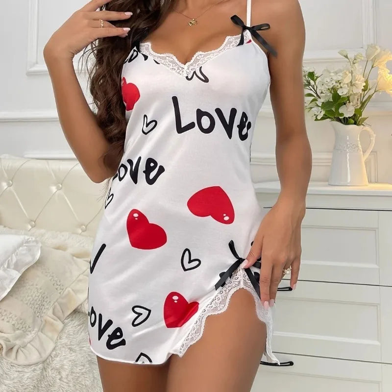 Roupa de dormir feminina sexy de seda leitosa lingerie erótica vestido sem costas suspensório suspensório estampa de coração roupa de dormir para meninas