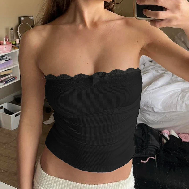 Darlingaga Pink Lace Spliced Sweet Summer Tube Top Folds Bow Korean Style Crop Tops Women Bandeau Strapless Coquette Clothes Y2K