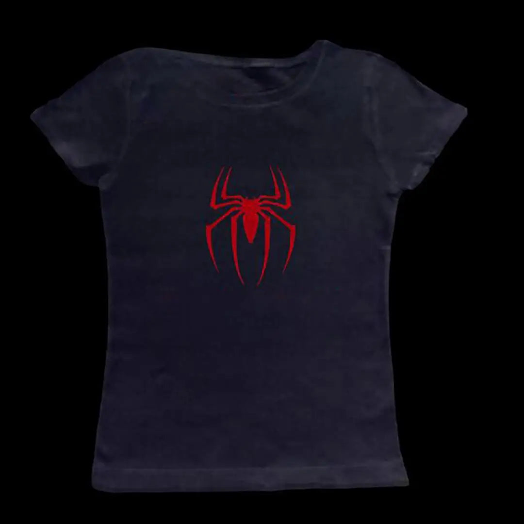 Spider Graphic Print Y2K Mulheres Bebê Camisetas Streetwear Vintage Carta Crop Verão Punk Casual Trash Goth Slim Manga Curta Camisetas