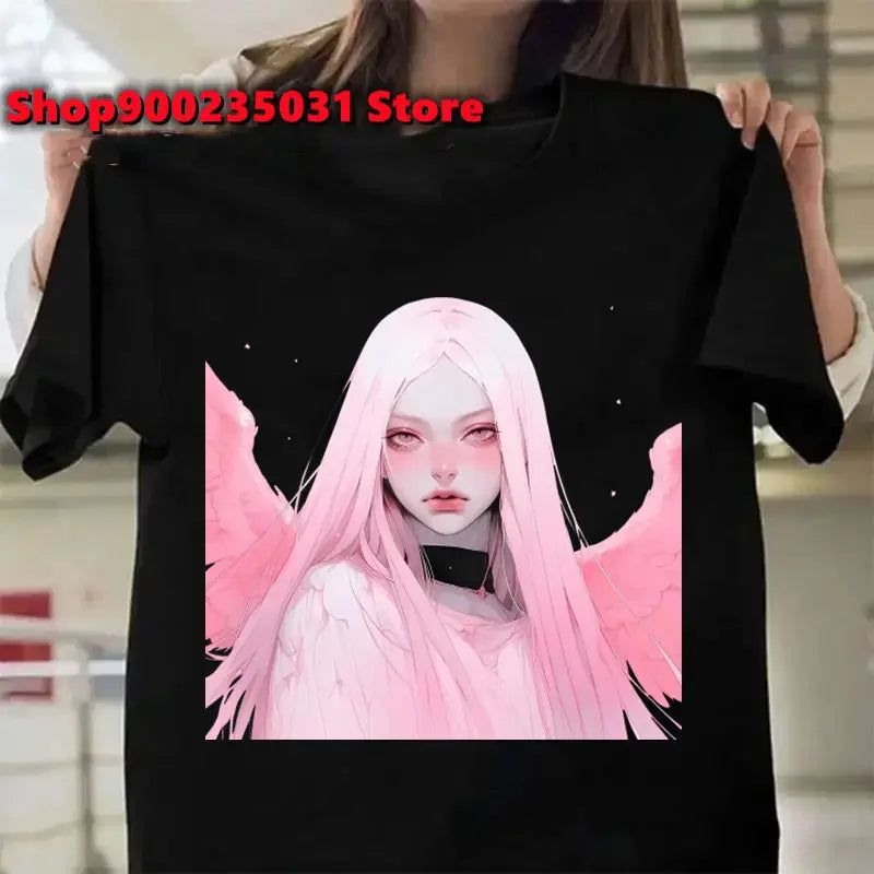 New Pink Demon Girl T-Shirt Streetwear Y2k Graphic Angel T-Shirt Harajuku Summer Women Aesthetic Oversized Outfit Tee Shirt