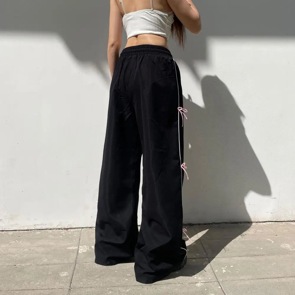 Quick-drying thin bow lace-up elastic waist woven pants women's all-in-one high waist wide leg straight trousers