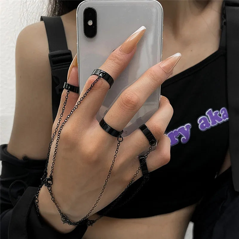 Punk Geometric Black Silver Color Chain Wrist Rings For Women Men Gothic Hip Hop Chain Open Rings Set Couple Fashion Jewelry