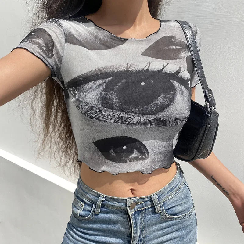 Nova camiseta gráfica feminina malha grande olho impressão fungo borda moda casual harajuku curto cropped umbigo y2k top camiseta