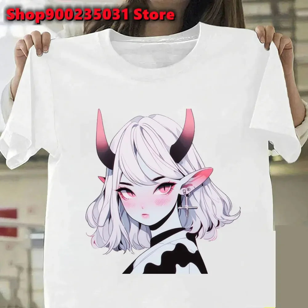 New Pink Demon Girl T-Shirt Streetwear Y2k Graphic Angel T-Shirt Harajuku Summer Women Aesthetic Oversized Outfit Tee Shirt