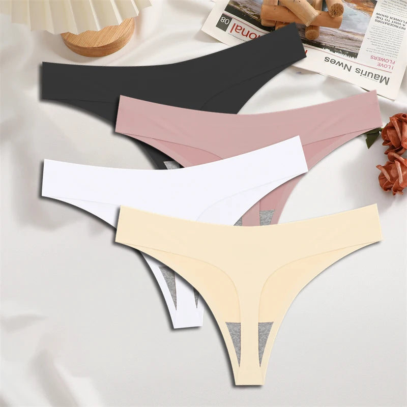 FINETOO 4PCS Seda Cetim Sem Costura Cueca Cintura Baixa Tangas Sexy Cor Sólida Biquíni Cuecas Femininas Elásticas Lingerie Íntima