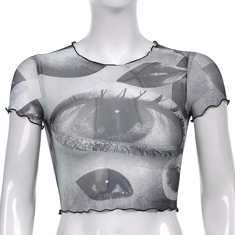 New Graphic T-shirt Women's Mesh Big Eye Print Fungus Edge Fashion Casual Harajuku Short Cropped Navel Y2K Top T-shirt