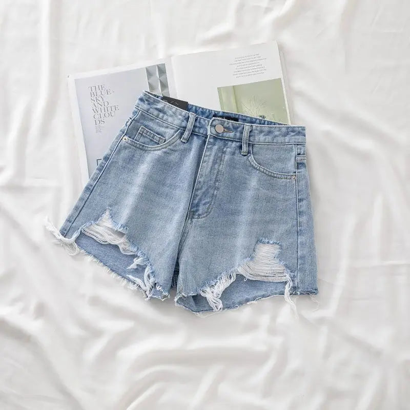 Korean High Waist Raw Edge Denim Shorts Women 2024 Summer Basic Button Pocket Jean Shorts For All-match Streetwear Denim Short