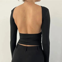 2000s Preto Sexy Lingerie Sólido Backless Bodysuit Y2K Gola Redonda Manga Comprida Bodycon Tee Tops Vintage Streetwear 2024