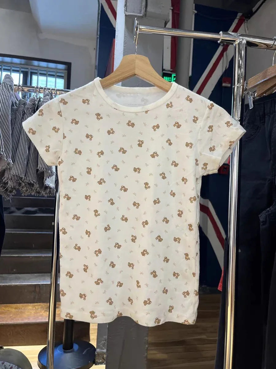 Women Slim Little Bear Bow Print T-shirt Summer Cottton Round Neck Short Sleeve Tee Shirts New Casual Sweet Cute Tshirt Y2k Tops