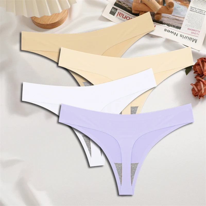 FINETOO 4PCS Seda Cetim Sem Costura Cueca Cintura Baixa Tangas Sexy Cor Sólida Biquíni Cuecas Femininas Elásticas Lingerie Íntima