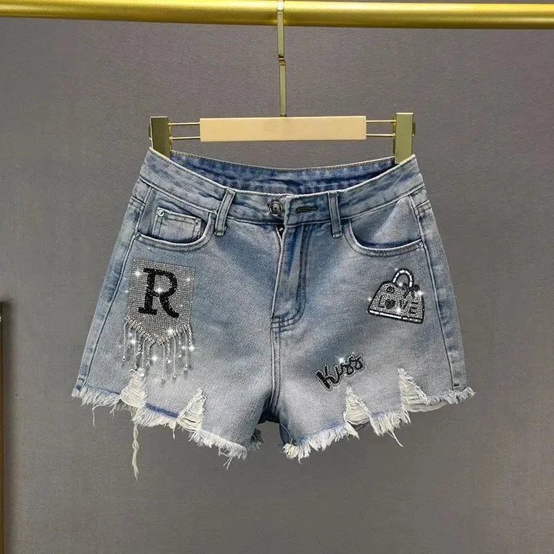 Tassel Hot drill torn Denim Shorts for women's 2024 Summer New Retro Slim Ragged Hot Pants Female Short Jeans Street Clothing