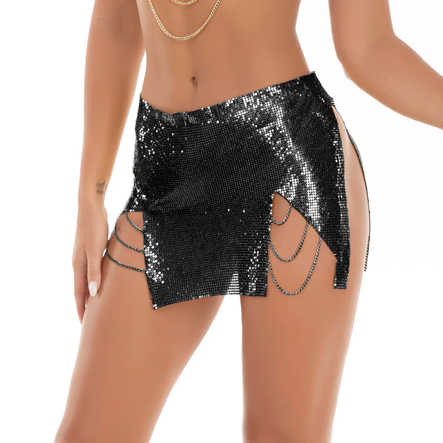 Mini saia de lantejoulas de metal brilhante para mulheres, saia sexy com fenda lateral e borla transparente para festa, trajes para festival rave